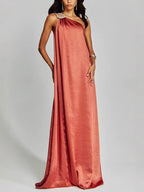 Satin Maxi Dress One-Shoulder Rhinestone Ruched Elegant Party Women's