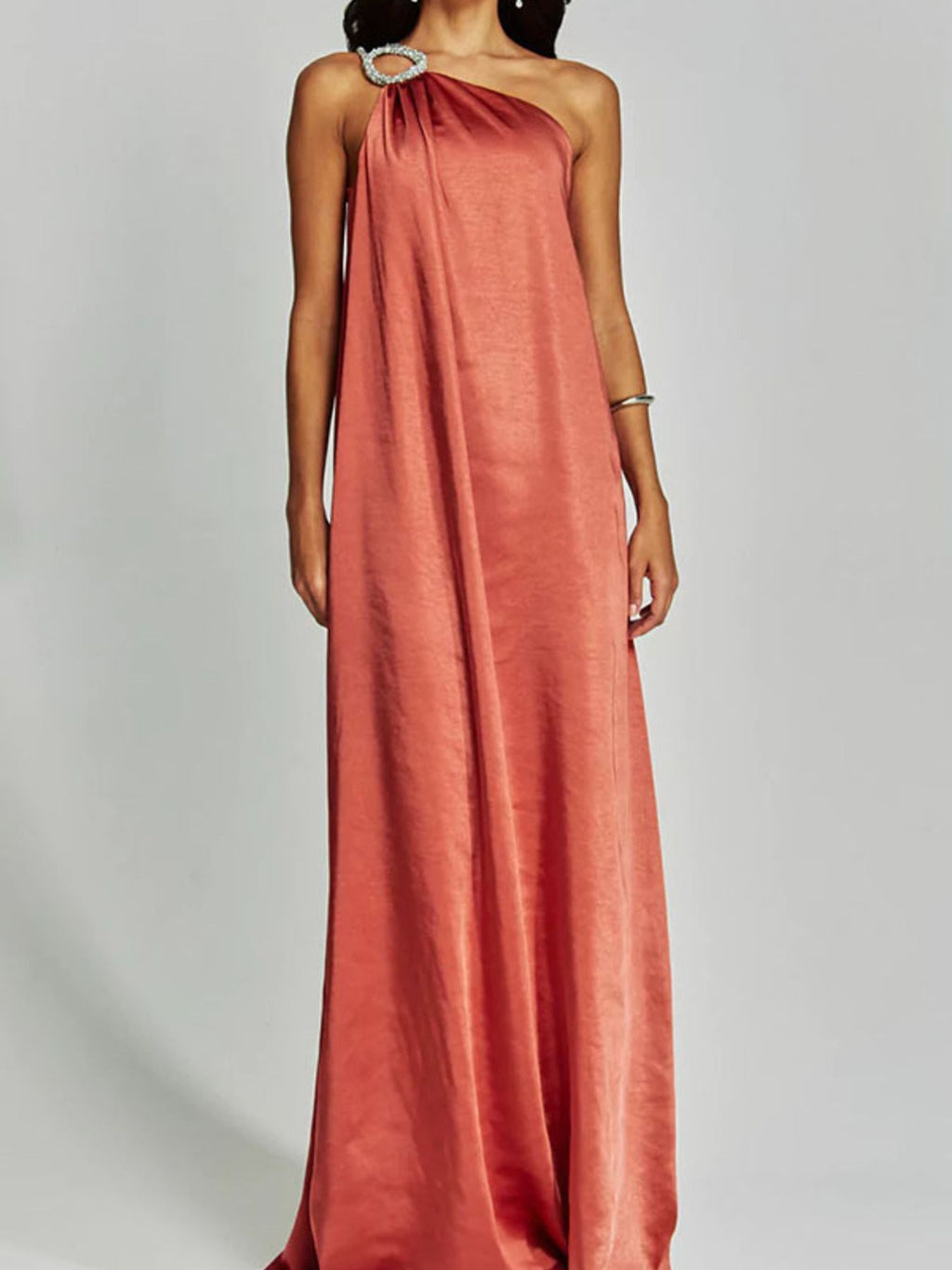 Satin Maxi Dress One-Shoulder Rhinestone Ruched Elegant Party Women's