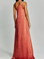 Satin Maxi Dress One-Shoulder Rhinestone Ruched Elegant Party Women's