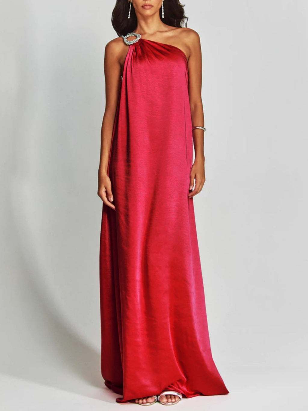 Satin Maxi Dress One-Shoulder Rhinestone Ruched Elegant Party Women's