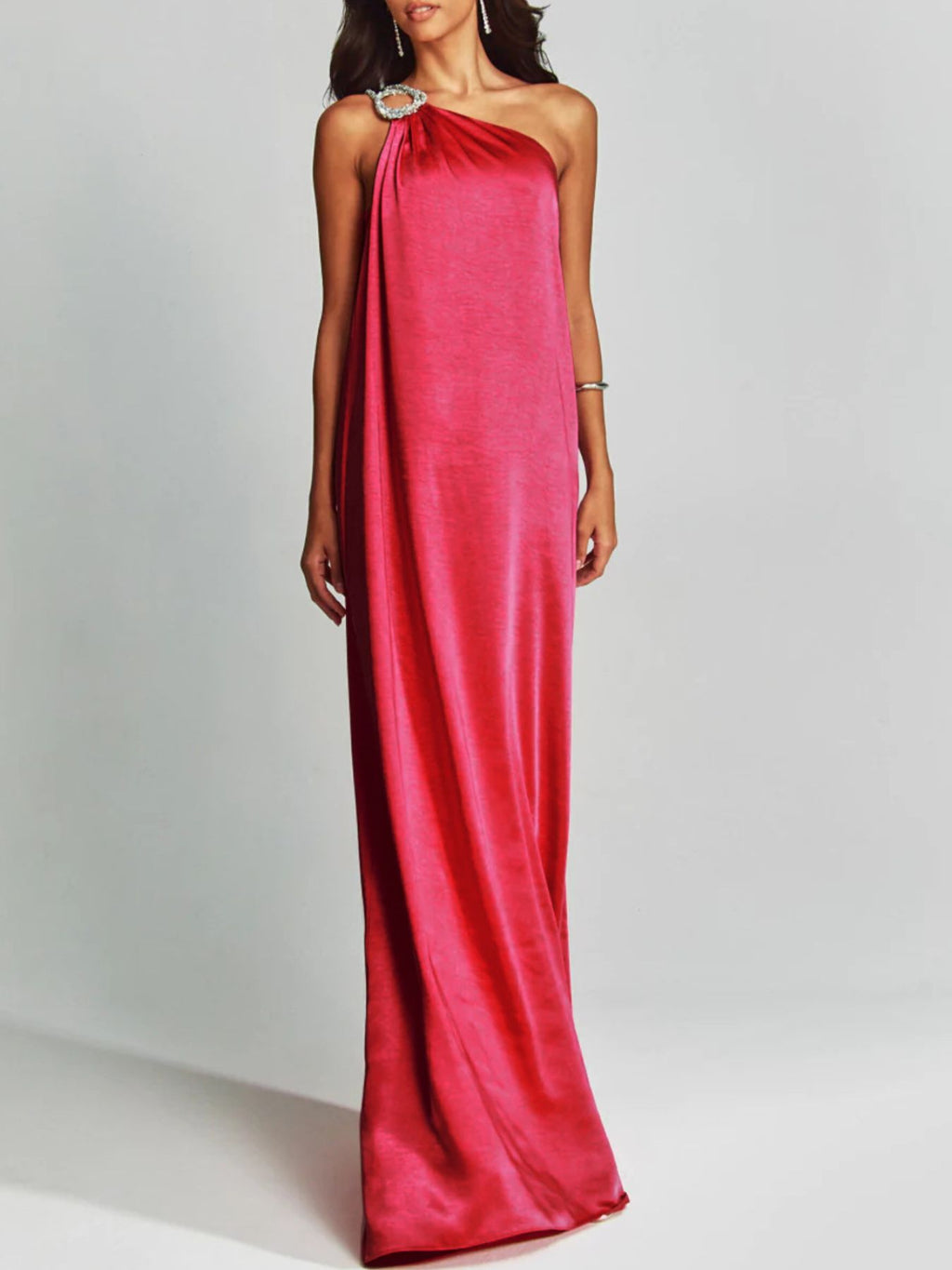 Satin Maxi Dress One-Shoulder Rhinestone Ruched Elegant Party Women's