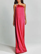 Satin Maxi Dress One-Shoulder Rhinestone Ruched Elegant Party Women's