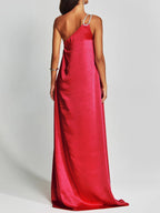 Satin Maxi Dress One-Shoulder Rhinestone Ruched Elegant Party Women's