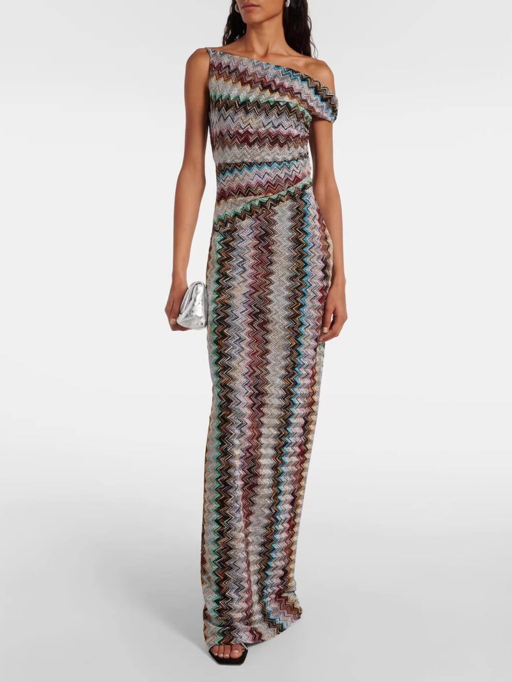 Knit Maxi Dress Zigzag One-Shoulder Multicolor Ruched Long Party Dresses
