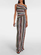Knit Maxi Dress Zigzag One-Shoulder Multicolor Ruched Long Party Dresses