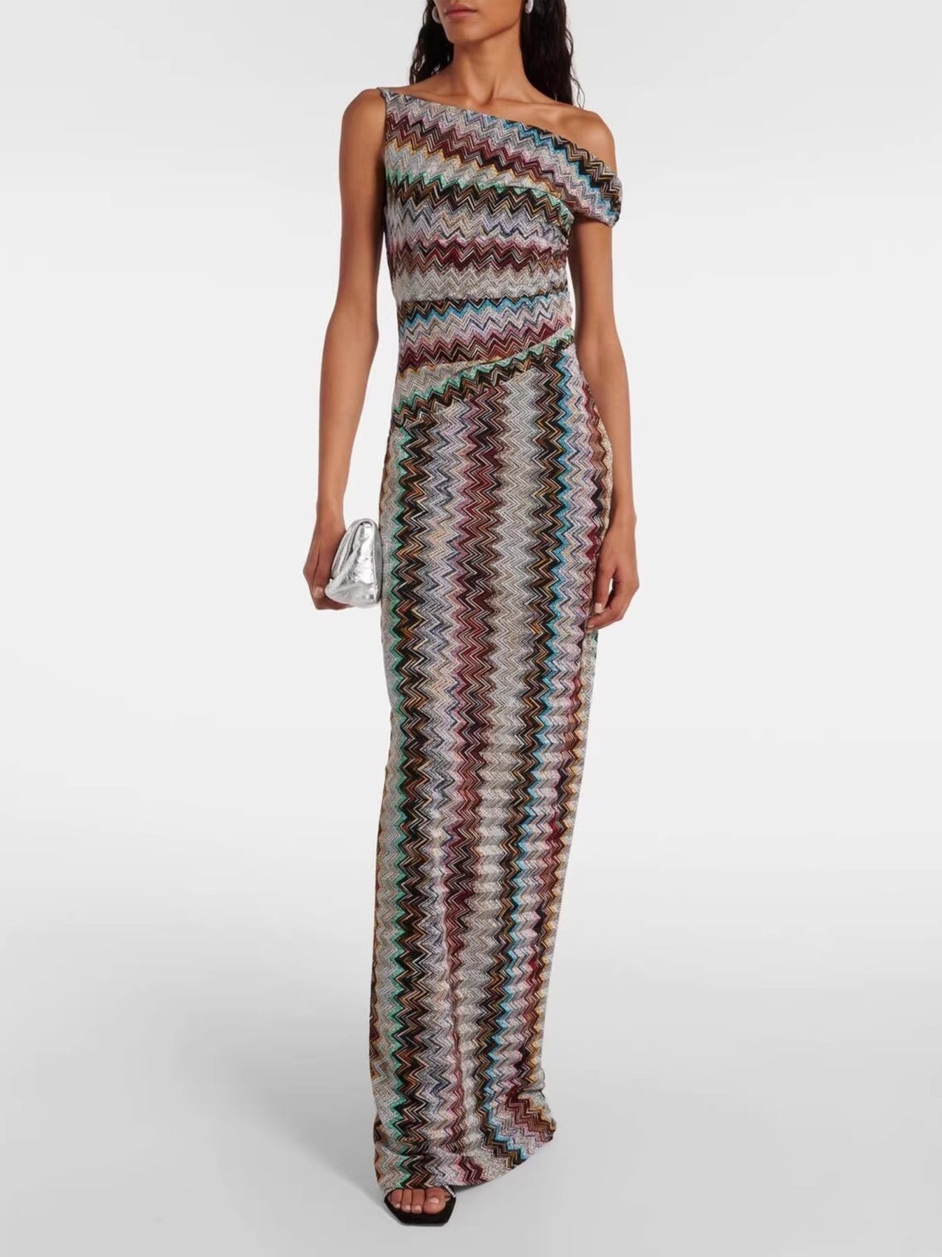 Knit Maxi Dress Zigzag One-Shoulder Multicolor Ruched Long Party Dresses