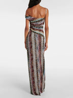 Knit Maxi Dress Zigzag One-Shoulder Multicolor Ruched Long Party Dresses