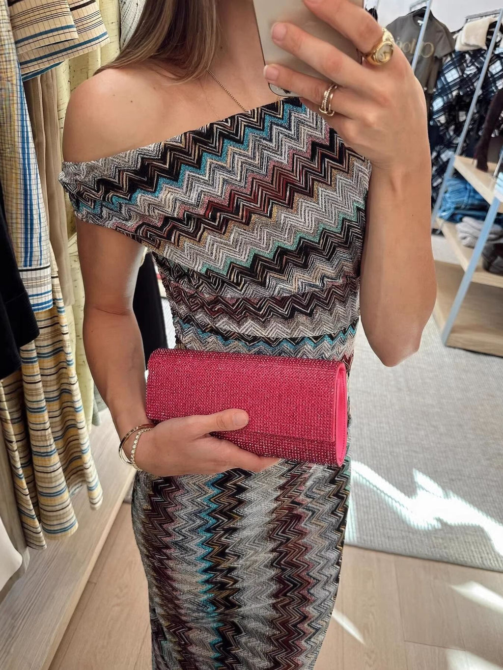 Knit Maxi Dress Zigzag One-Shoulder Multicolor Ruched Long Party Dresses