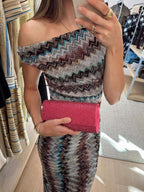 Knit Maxi Dress Zigzag One-Shoulder Multicolor Ruched Long Party Dresses
