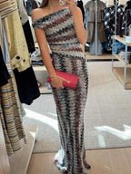 Knit Maxi Dress Zigzag One-Shoulder Multicolor Ruched Long Party Dresses