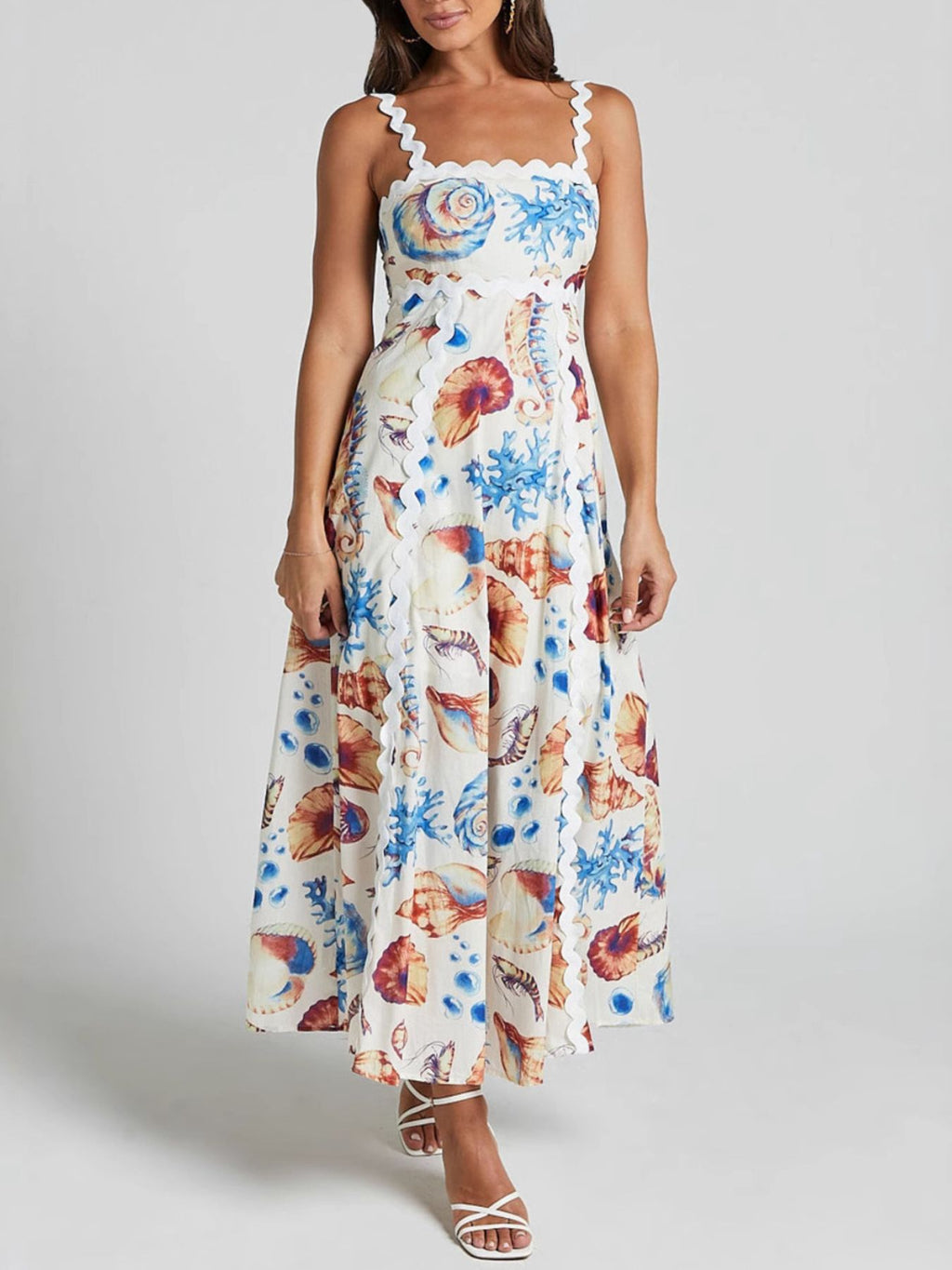 Summer Midi Dress Seashell Print Scalloped Starps Ruffle Sleeveless Back Tie
