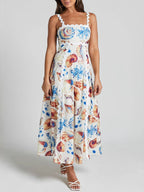 Summer Midi Dress Seashell Print Scalloped Starps Ruffle Sleeveless Back Tie