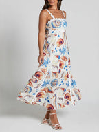 Summer Midi Dress Seashell Print Scalloped Starps Ruffle Sleeveless Back Tie