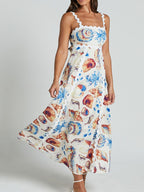 Summer Midi Dress Seashell Print Scalloped Starps Ruffle Sleeveless Back Tie