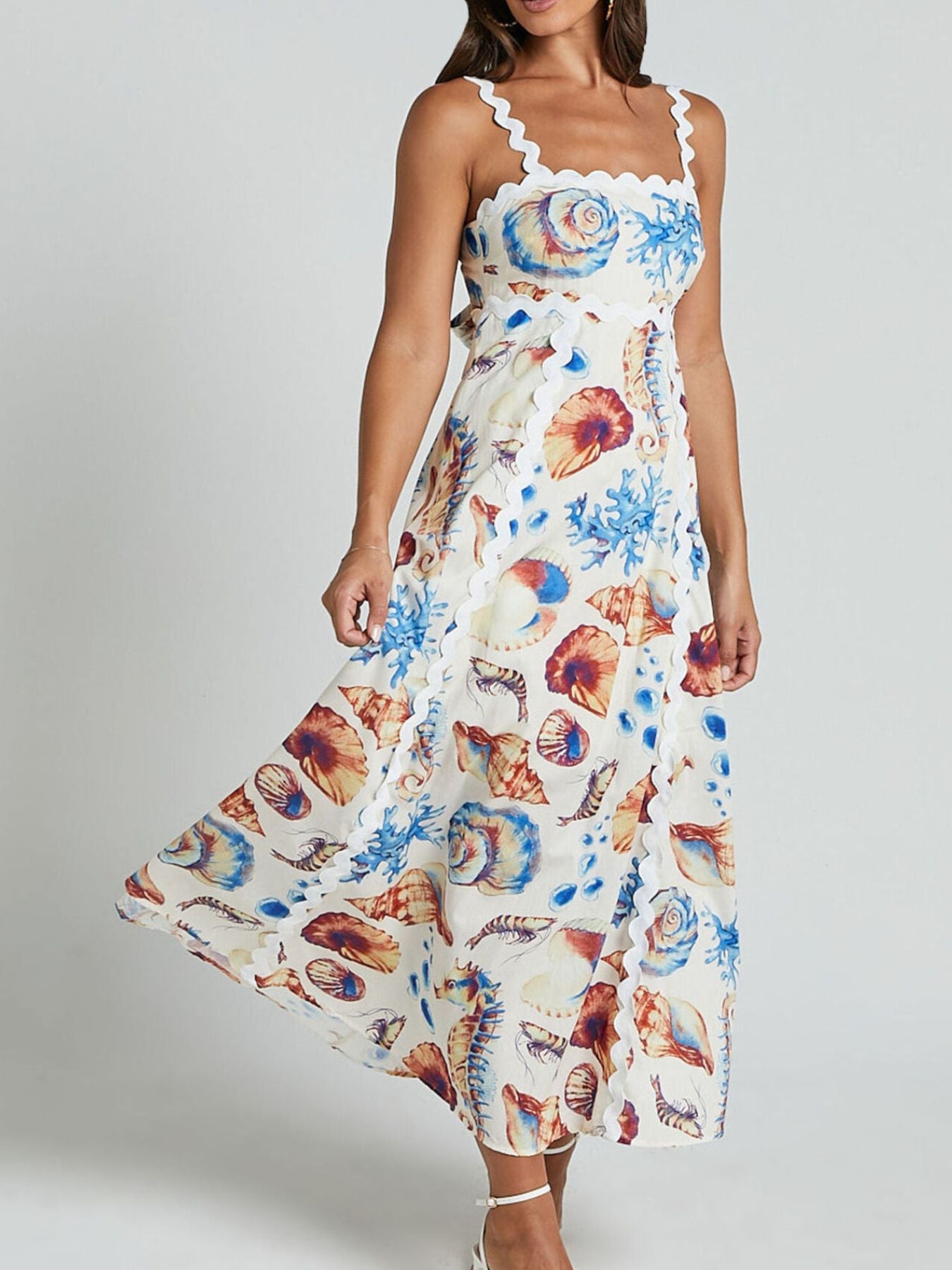 Summer Midi Dress Seashell Print Scalloped Starps Ruffle Sleeveless Back Tie