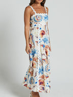 Summer Midi Dress Seashell Print Scalloped Starps Ruffle Sleeveless Back Tie