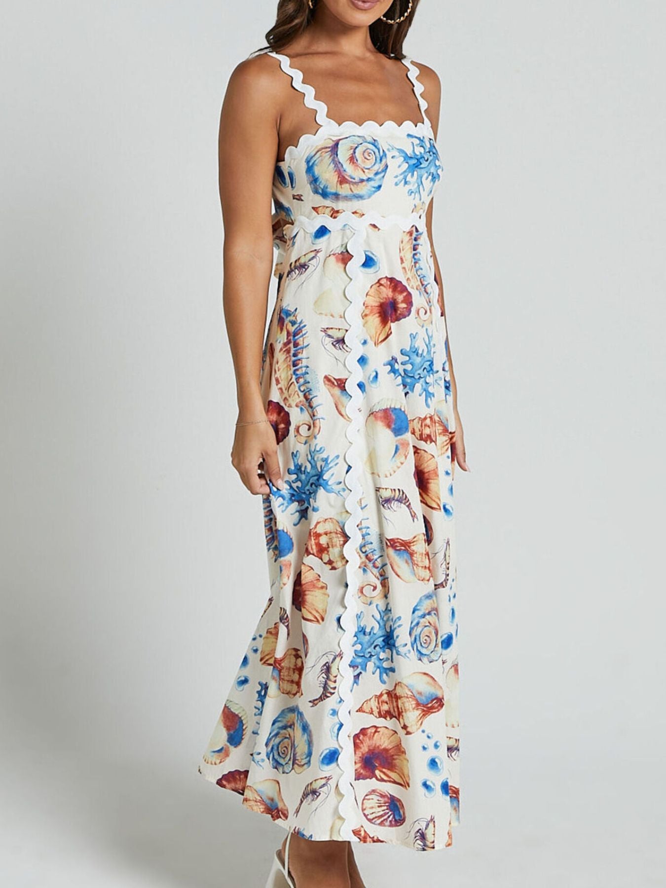 Summer Midi Dress Seashell Print Scalloped Starps Ruffle Sleeveless Back Tie