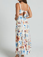Summer Midi Dress Seashell Print Scalloped Starps Ruffle Sleeveless Back Tie