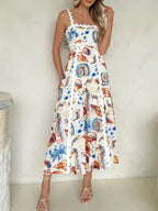 Summer Midi Dress Seashell Print Scalloped Starps Ruffle Sleeveless Back Tie