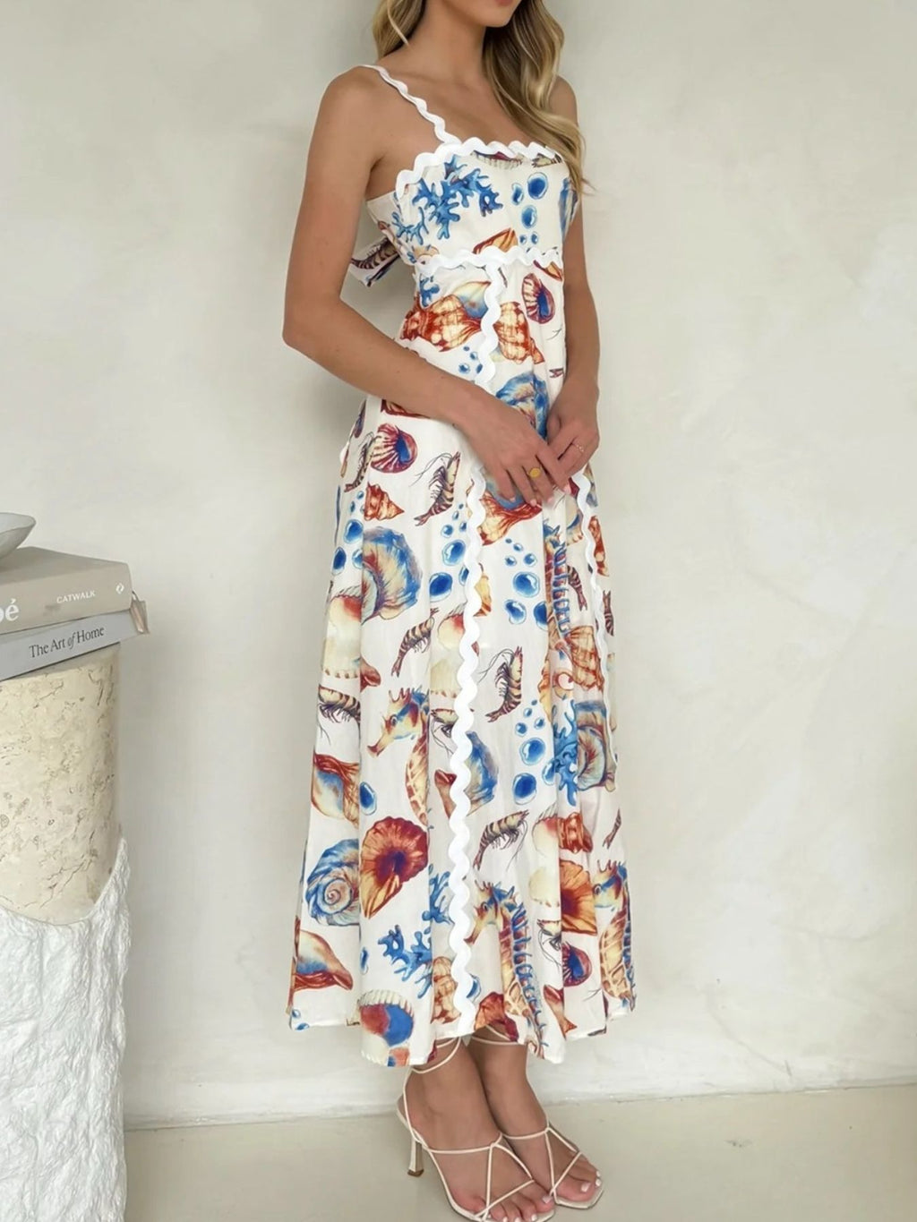 Summer Midi Dress Seashell Print Scalloped Starps Ruffle Sleeveless Back Tie