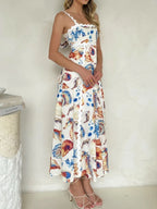 Summer Midi Dress Seashell Print Scalloped Starps Ruffle Sleeveless Back Tie
