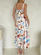 Summer Midi Dress Seashell Print Scalloped Starps Ruffle Sleeveless Back Tie
