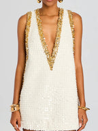 Party Mini Dress Sequin Embellished Sleeveless Deep V-Neck A-Line Beaded