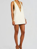Party Mini Dress Sequin Embellished Sleeveless Deep V-Neck A-Line Beaded