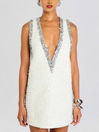 Party Mini Dress Sequin Embellished Sleeveless Deep V-Neck A-Line Beaded