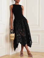 Black Midi Party Dress Crochet Skirt Sleeveless Ribbed Tank Cut Out Backless