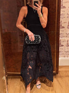 Black Midi Party Dress Crochet Skirt Sleeveless Ribbed Tank Cut Out Backless
