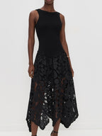 Black Midi Party Dress Crochet Skirt Sleeveless Ribbed Tank Cut Out Backless