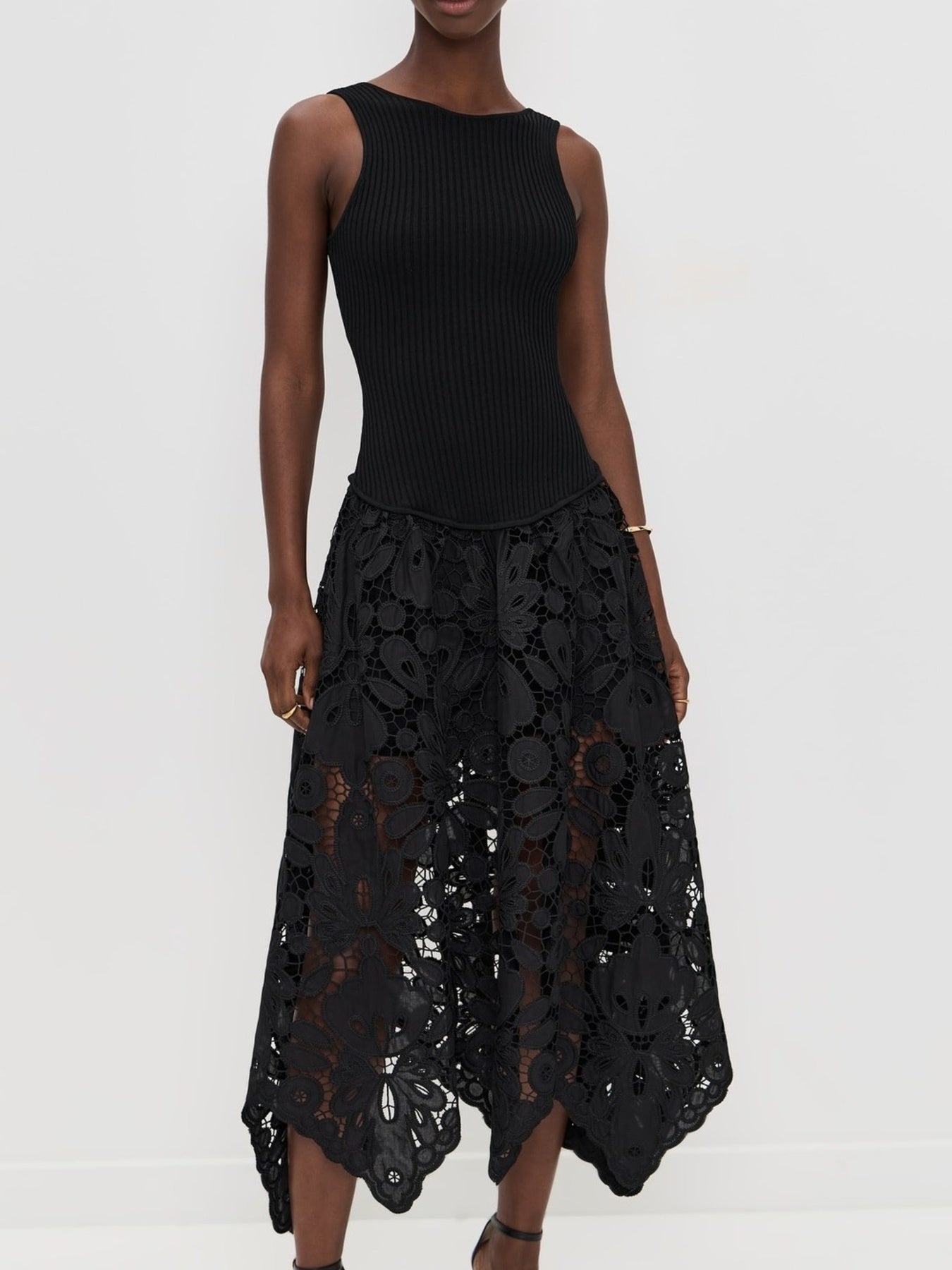 Black Midi Party Dress Crochet Skirt Sleeveless Ribbed Tank Cut Out Backless