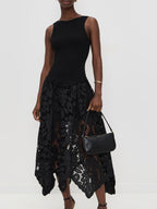 Black Midi Party Dress Crochet Skirt Sleeveless Ribbed Tank Cut Out Backless
