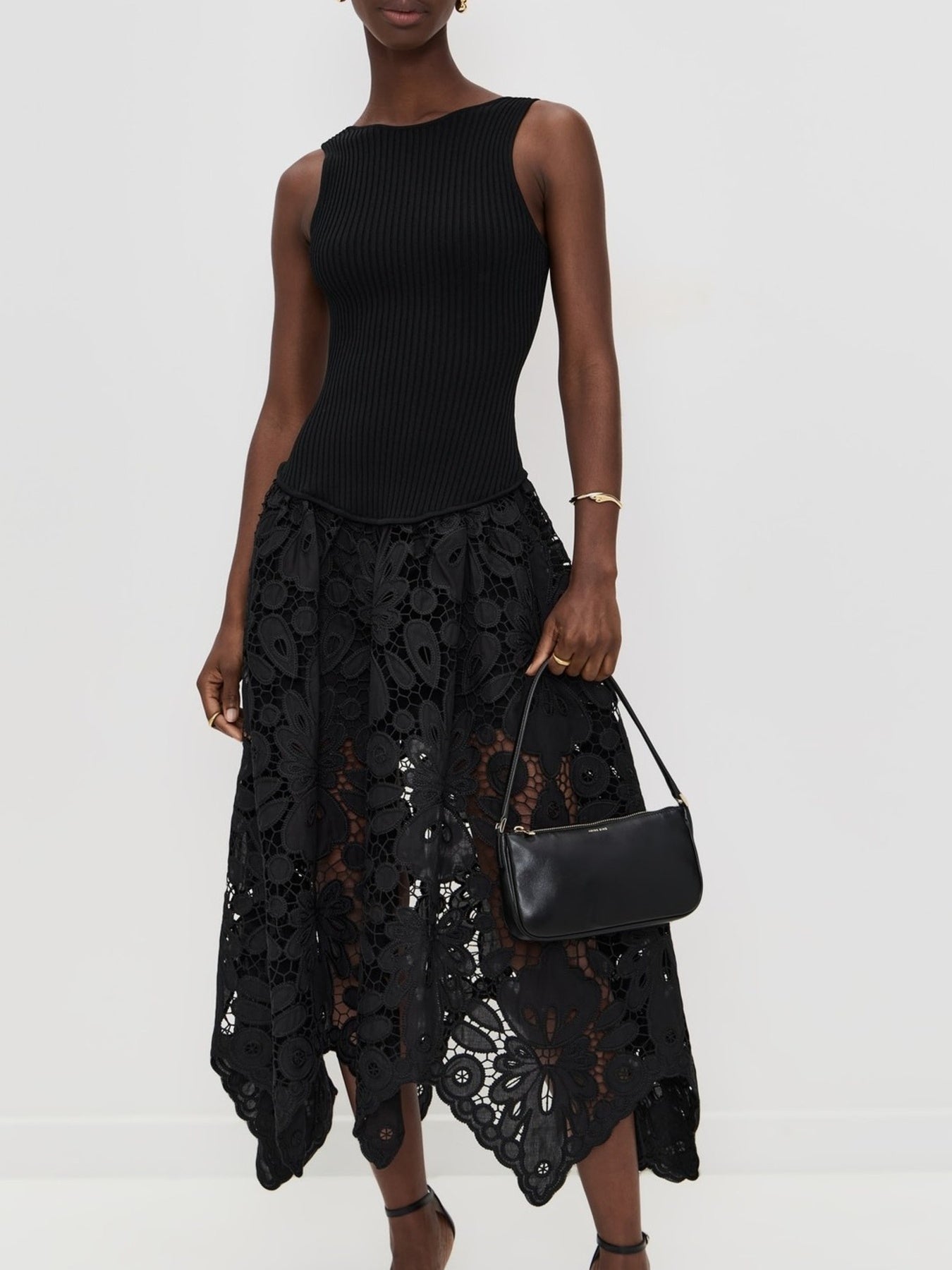 Black Midi Party Dress Crochet Skirt Sleeveless Ribbed Tank Cut Out Backless