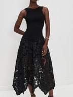 Black Midi Party Dress Crochet Skirt Sleeveless Ribbed Tank Cut Out Backless