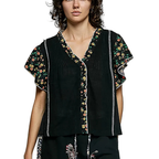 POL Schwarze Bluse Baumwolle V-Ausschnitt Blumenmuster Rüschen Freizeit Kurzarm-Top