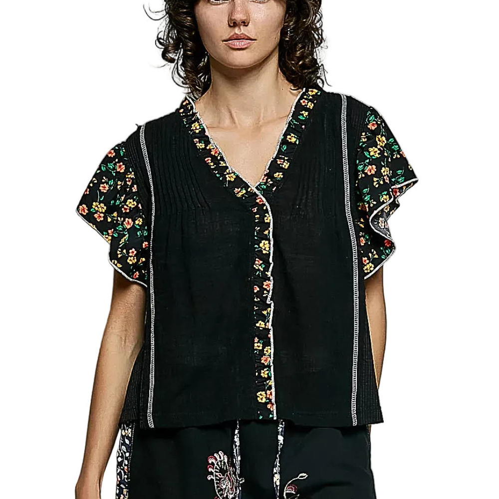 POL Black Blouse Cotton V-Neck Floral Trim Ruffle Casual Short Sleeve Top