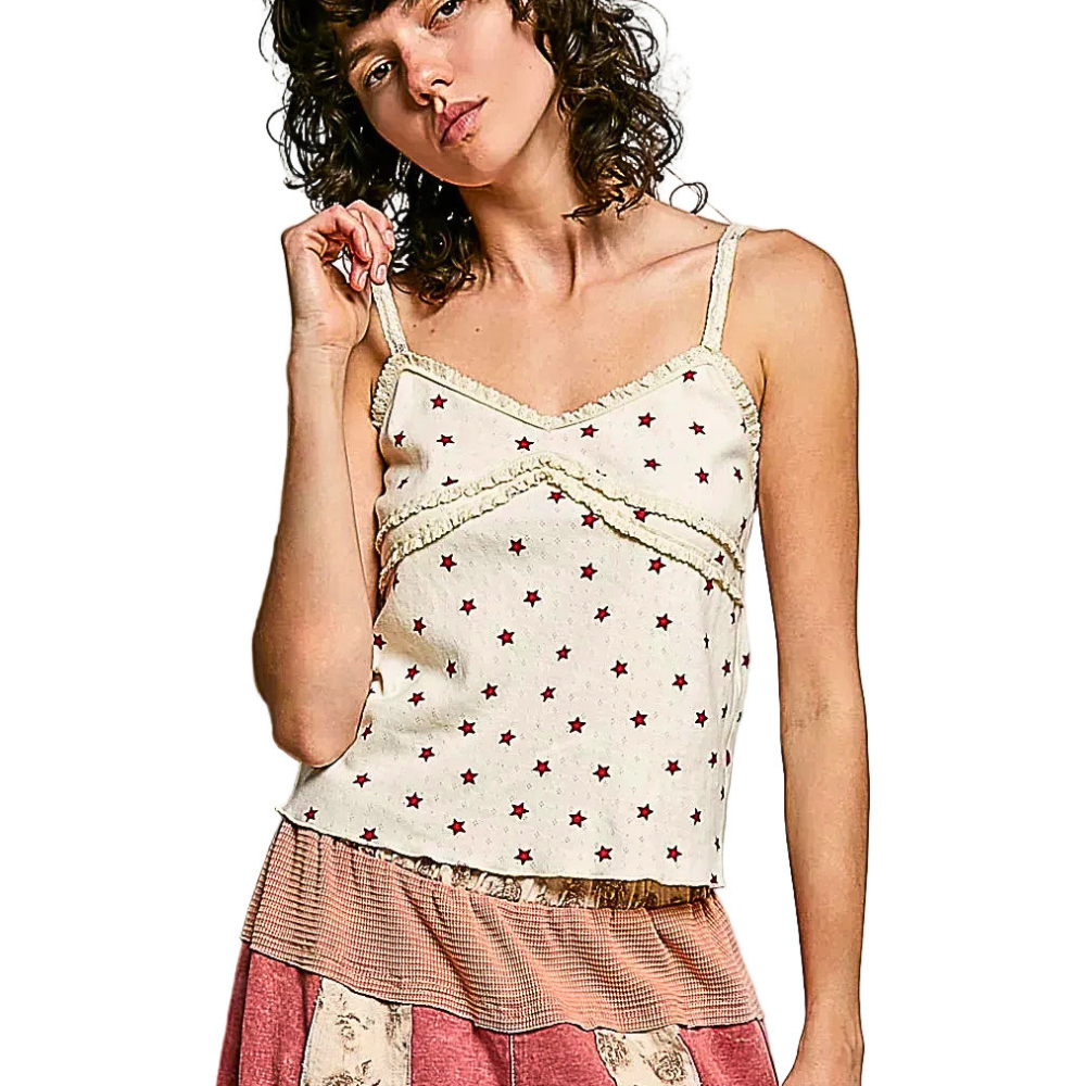 POL Cami Top Star Printed V-Neck Floral Lace Ruffle Lightweight Rib Knit Tank