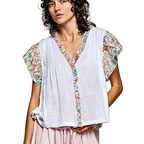 POL Cotton Blouse Ivory V-Neck Floral Contrast Ruffle Short Sleeve Top