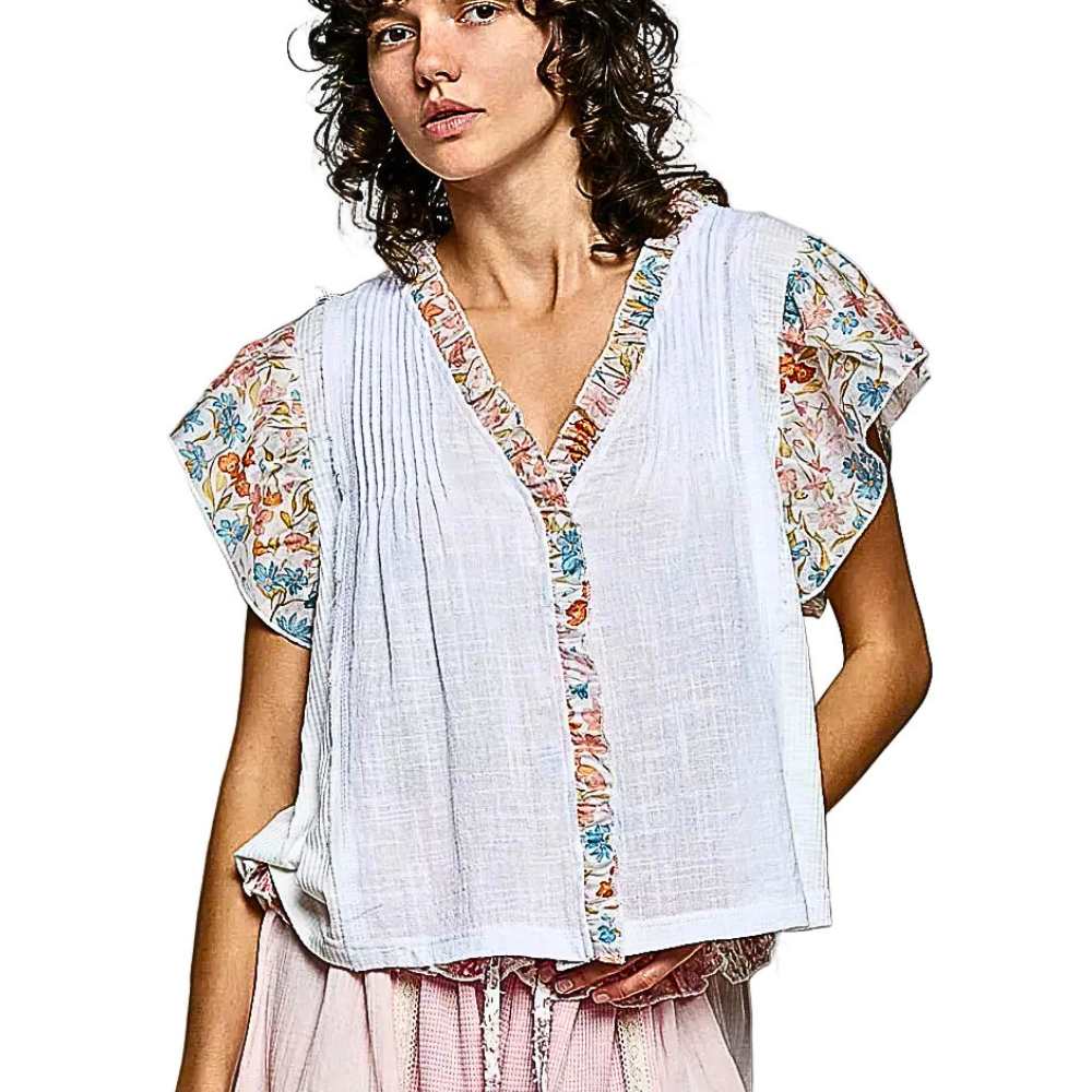 POL Cotton Blouse Ivory V-Neck Floral Contrast Ruffle Short Sleeve Top