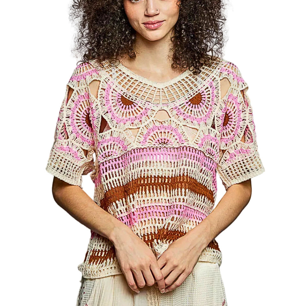 POL Crochet Knit Top Pink Multi Weave Woven Boho Round Neck Short Sleeve