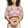 POL Crochet Knit Top Pink Multi Weave Woven Boho Round Neck Short Sleeve