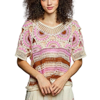POL Crochet Knit Top Pink Multi Weave Woven Boho Round Neck Short Sleeve