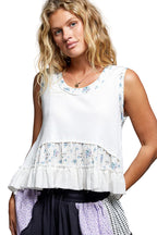 POL Off White Floral Ruffle Blouse Sleeveless Rib Tank Top Casual Summer