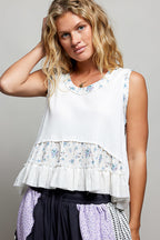 POL Off White Floral Ruffle Blouse Sleeveless Rib Tank Top Casual Summer