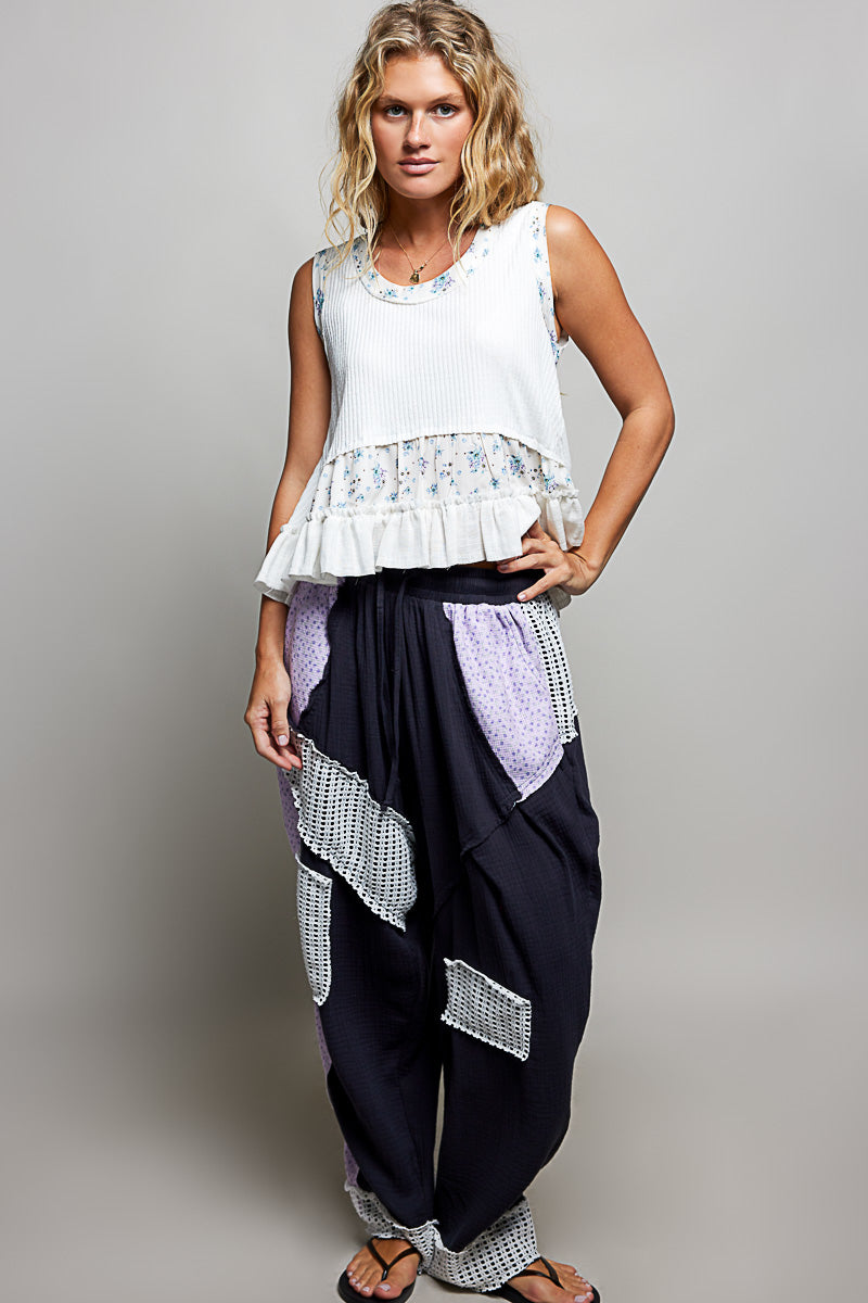 POL Off White Floral Ruffle Blouse Sleeveless Rib Tank Top Casual Summer