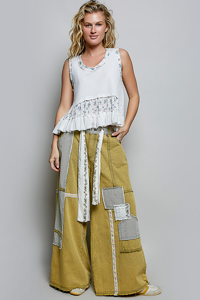 POL Off White Floral Ruffle Blouse Sleeveless Rib Tank Top Casual Summer