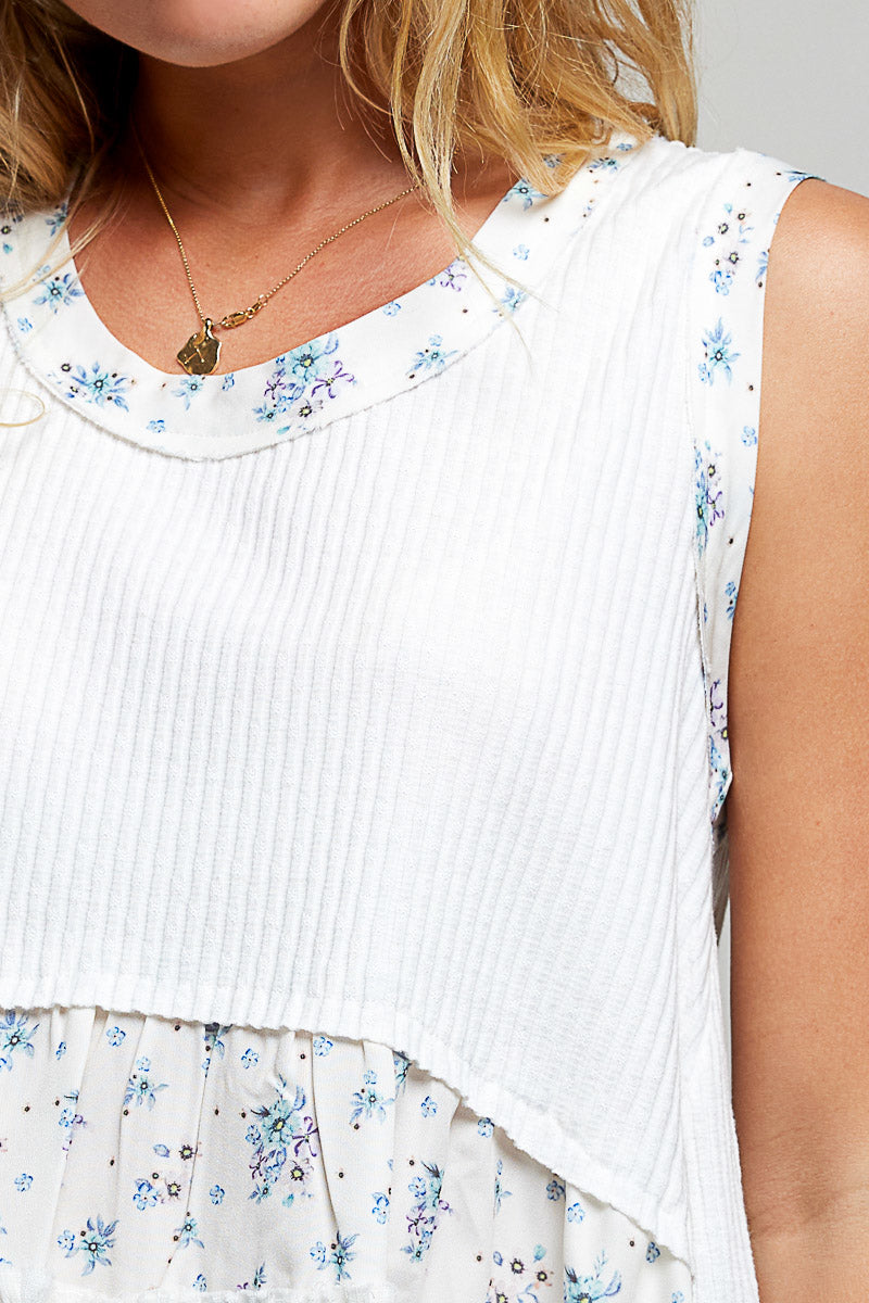 POL Off White Floral Ruffle Blouse Sleeveless Rib Tank Top Casual Summer