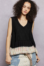 POL Black Cotton Tank Top V-Neck Sleeveless Floral Ruffle Layered Boho Top